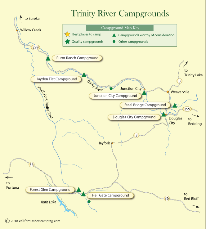 map of campgrounds along the Trinity River, California