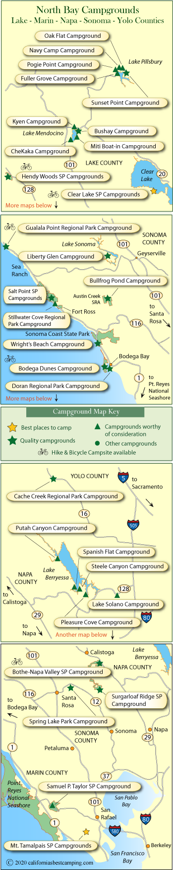 map of campground locations around Sonoma, Napa, Marin, and Yolo counties